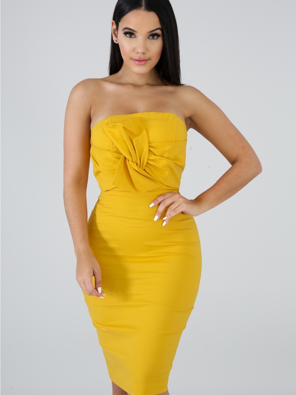 Alythea Strapless Yellow Twist-Front Midi Dress